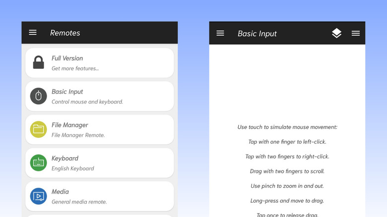 The Unified Remote application interface on an Android phone displaying various control tiles.