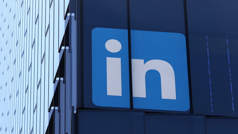 Close-up of the LinkedIn logo on a corporate building exterior.