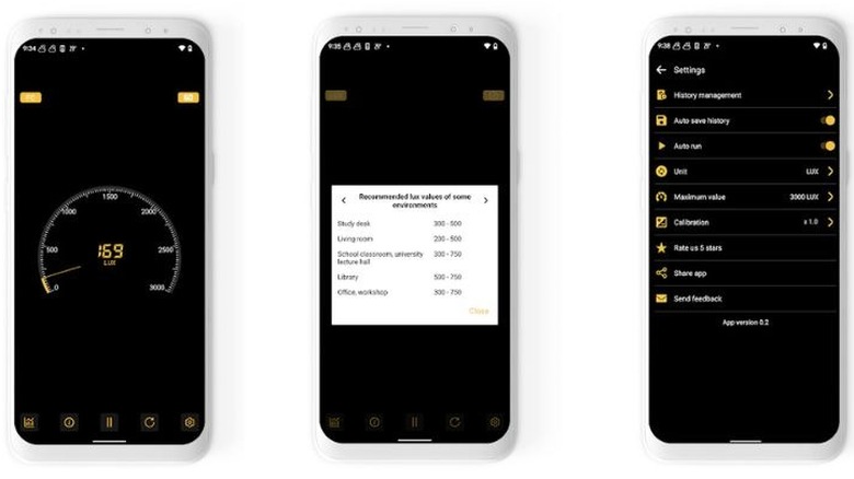 Android smartphone screen displaying a Lux Meter app with real-time light intensity data.