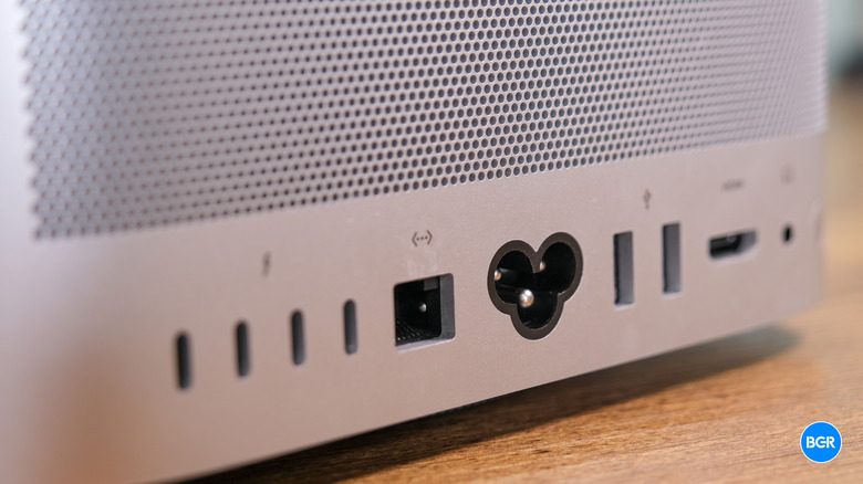 Detail view of the Mac Studio's front and rear connectivity ports.