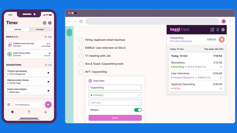 The Toggl Track interface showing active time entries and productivity charts across mobile and desktop devices.