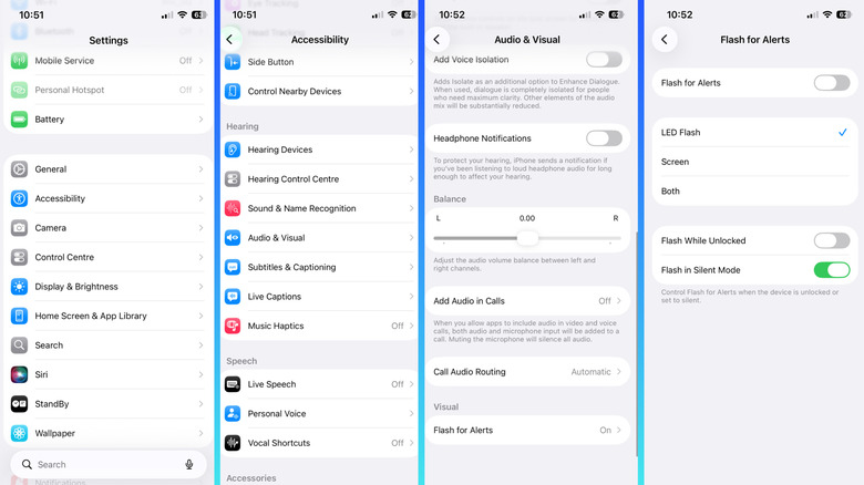 Screenshot of the iPhone Audio & Visual settings page showing the Flash for Alerts toggle.
