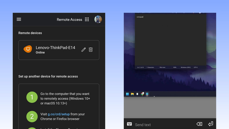 The Chrome Remote Desktop interface on an Android device controlling a Windows PC.