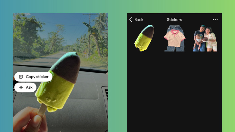 Interface demonstrating the creation of a custom sticker from a photo subject in Google Photos.