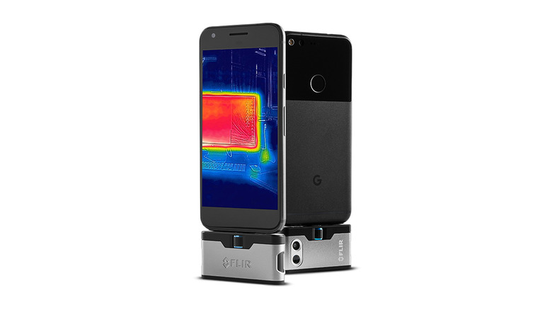 A professional studio shot of the FLIR One thermal camera module designed for smartphone connection.