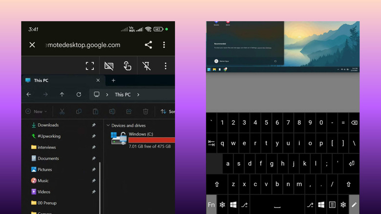 Chrome Remote Desktop app shown on a mobile screen with an active keyboard overlay.