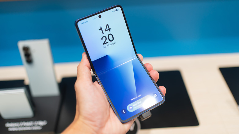 The Samsung Galaxy Z Flip7 on display in a store.