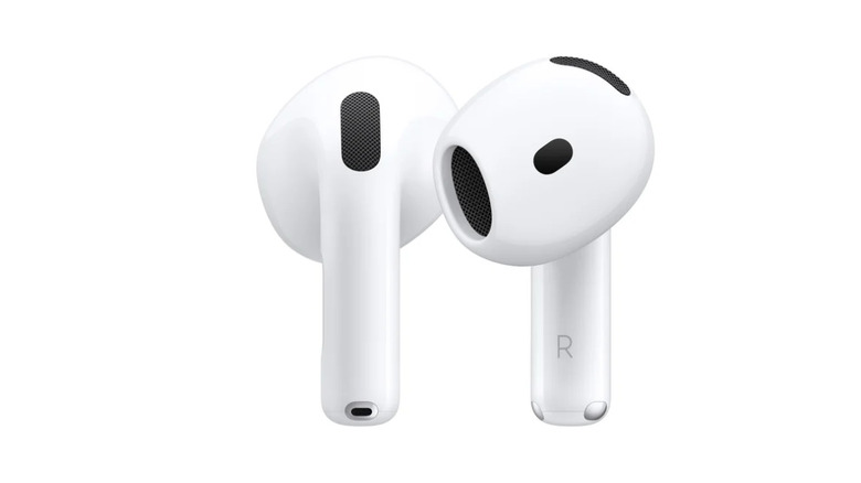 Apple AirPods 4 shown from two different angles in their white charging case.