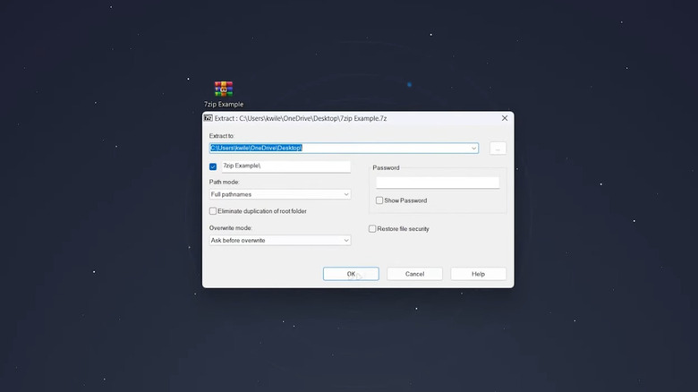 The 7-Zip software interface performing a file extraction on a Windows operating system.