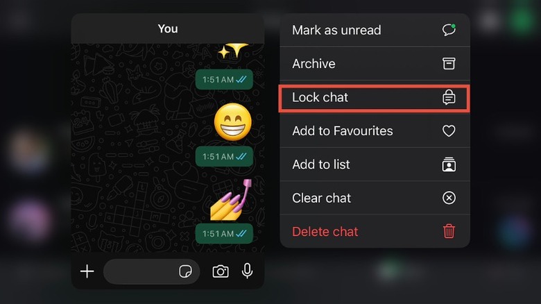 A WhatsApp mini-menu highlighting the 'Lock chat' option for a specific conversation.