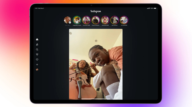 The Instagram app interface displayed natively on an iPad screen.