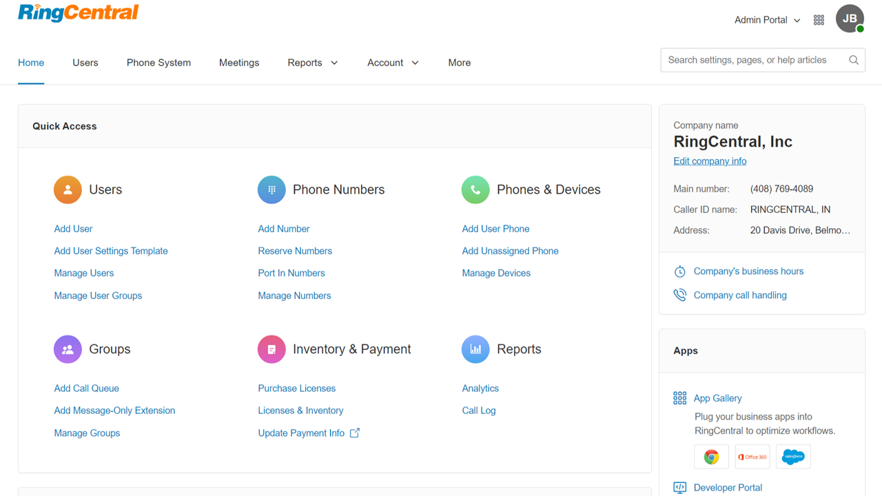 Dashboard view of the RingCentral EX business phone system interface
