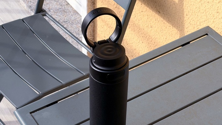 A HidrateSpark Pro 2 smart water bottle which tracks hydration levels for health-optimized productivity.