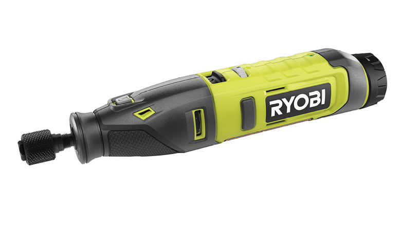 A close-up view of the Ryobi USB Lithium rotary tool showing the collet and compact body.