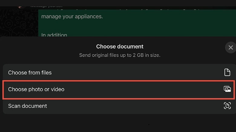 The document selection interface in WhatsApp highlighting the 'Choose photo or video' option.