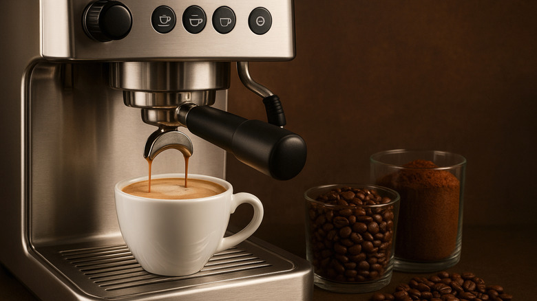 A close-up of a coffee machine brewing coffee into a glass cup next to a jar of coffee beans.