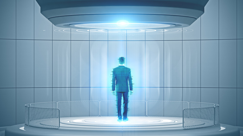 Concept art of a holographic room with a person standing amidst a digital blue light grid.