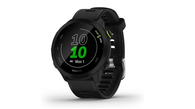 The Garmin Forerunner 55 showing a running activity screen.