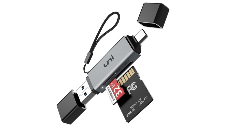 A Uni SD and microSD USB 3.0 card adapter on a white background.
