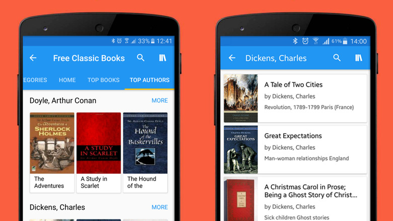 Screenshots of the Oodles Android app showing various book categories and the reading interface.