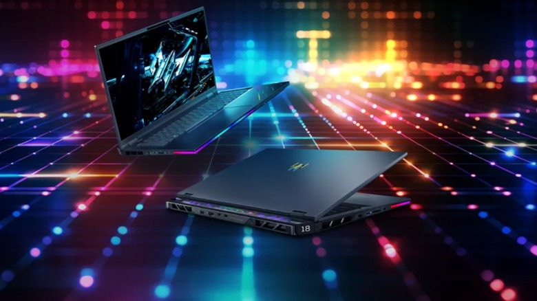 Two Acer Predator Helios 18 AI laptops with glowing RGB keyboards and a colorful light-trail background.