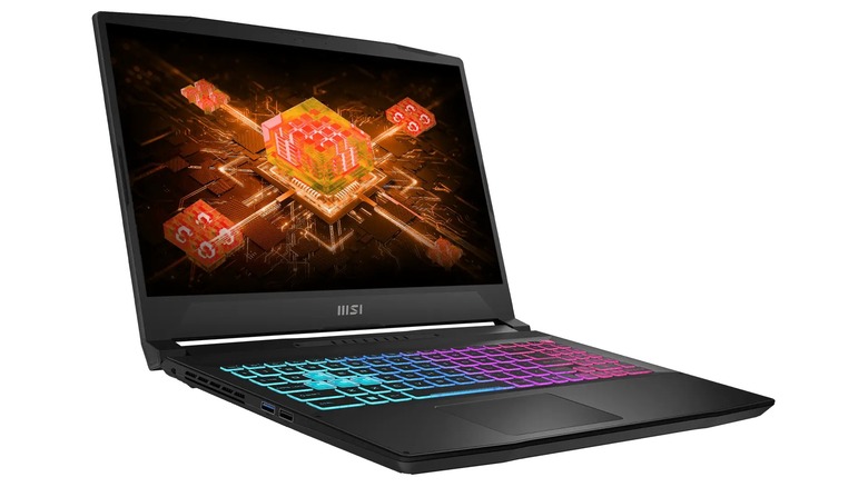 An open MSI Katana A15 AI laptop showing its display and keyboard against a minimalist white background.