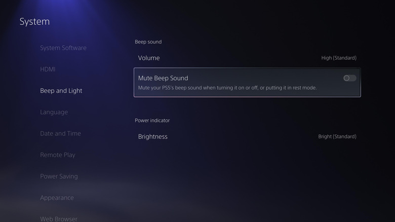 The Beep and Light settings menu on a PS5 with the Mute Beep Sound option highlighted.
