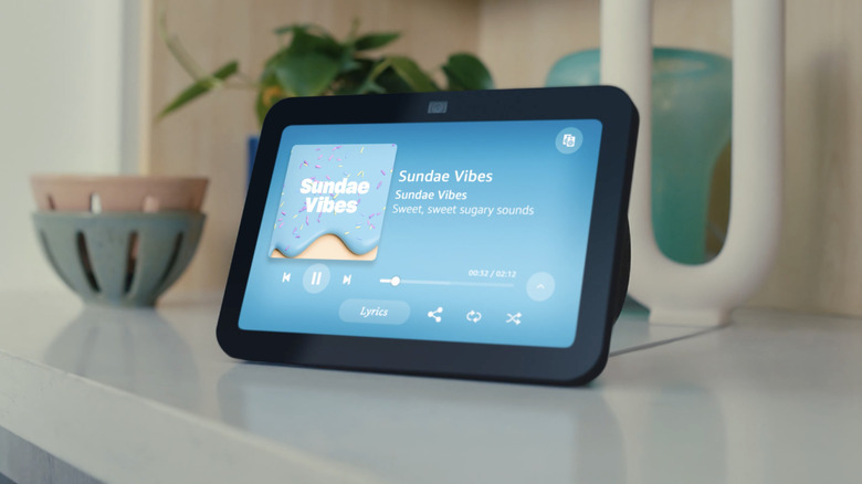 Amazon Echo Show 8 display sitting on a white surface.