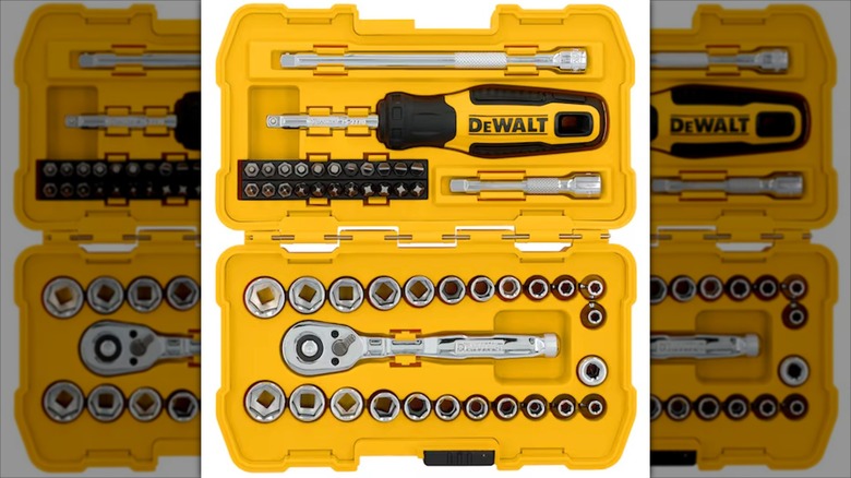 Close-up of the DeWalt 50-piece mechanics tool set in its portable case.