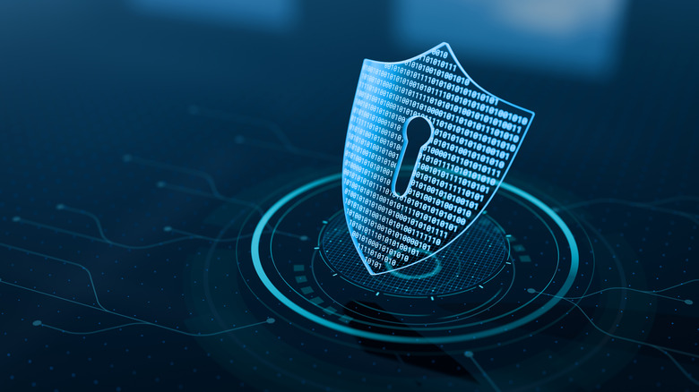 Digital shield with binary code signifying end-to-end encryption protocols.