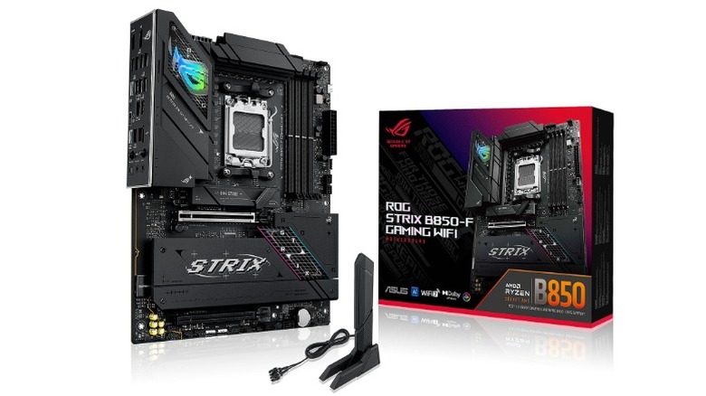 An ASUS ROG Strix B850-F Gaming motherboard displayed with its original packaging.