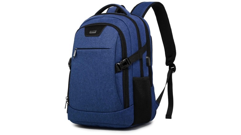 A blue tech backpack with multiple zipper compartments and heavy-duty straps.
