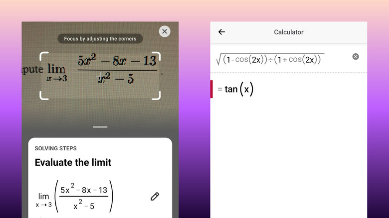 A user scanning a complex calculus problem with the Photomath app on an Android phone.