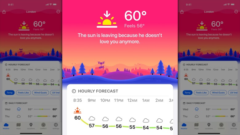 A screenshot of the CARROT Weather app for Apple Watch showing temperature, hourly forecasts, and a humorous comment.
