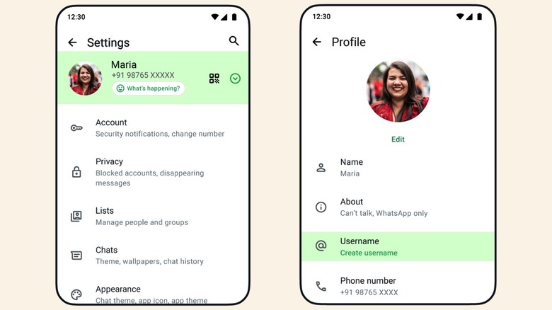 Android device displaying the WhatsApp account settings where a user can enter a new username handle.