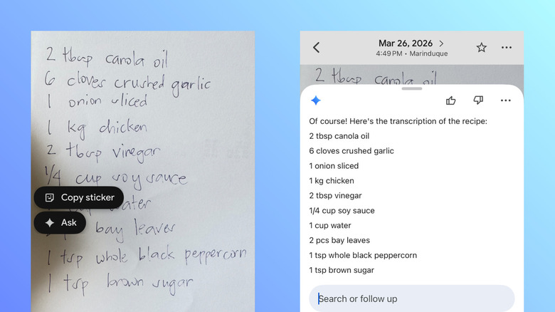 Smartphone screen showing Google Photos Ask Photos feature transcribing handwritten notes into digital text.