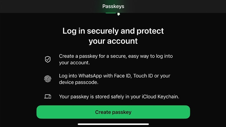 The WhatsApp Passkeys menu featuring the 'Create passkey' button.