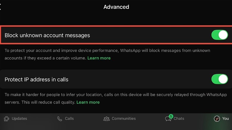 The Advanced Privacy settings menu with the 'Block unknown account messages' toggle enabled.