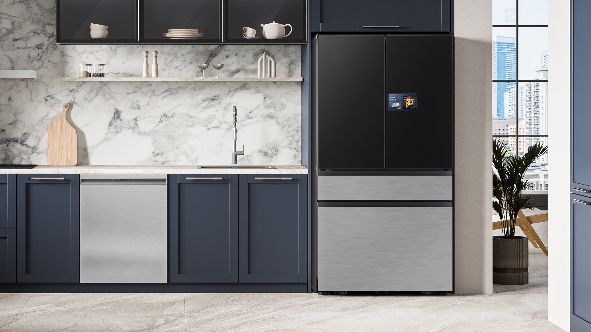 Side profile of the refrigerator showing the Zero Clearance fit against kitchen cabinetry.
