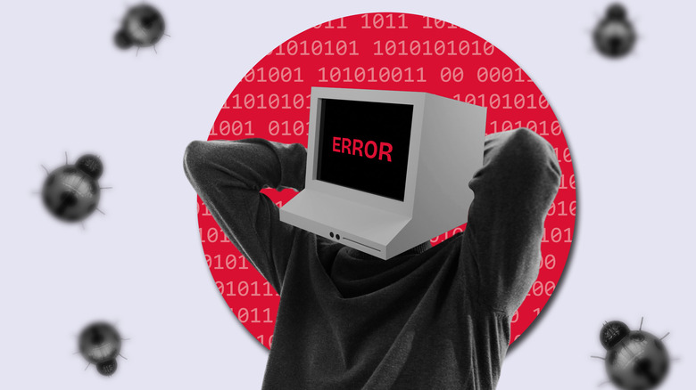 A conceptual image of a man with a computer monitor for a head displaying a bright red ERROR message.