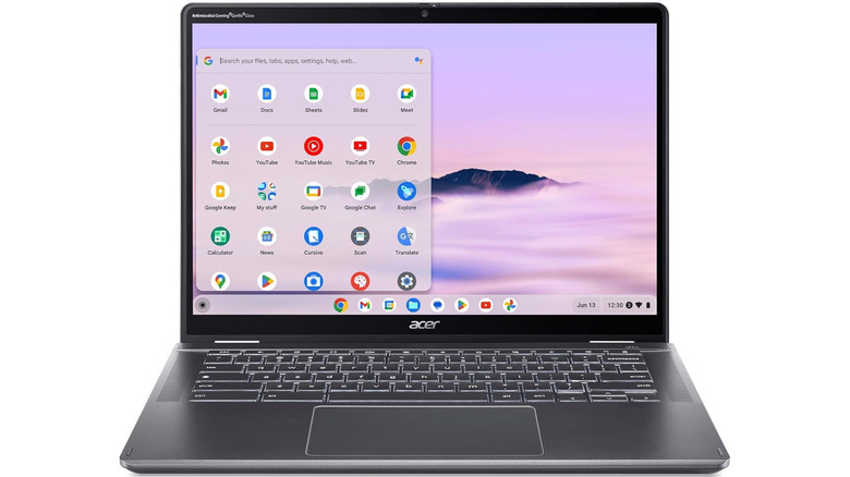 The Acer Chromebook Plus 514 shown in a folded tent-mode configuration for touch-screen use.