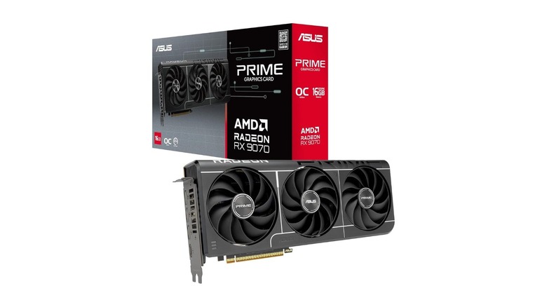The ASUS PRIME Radeon RX 9070 graphics card and its packaging, highlighting the AMD Radeon branding.