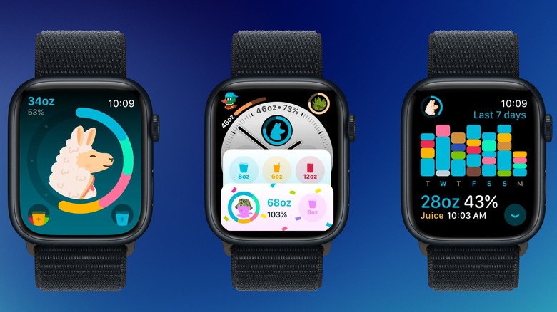 Waterllama app showing daily hydration progress and character-based stats.