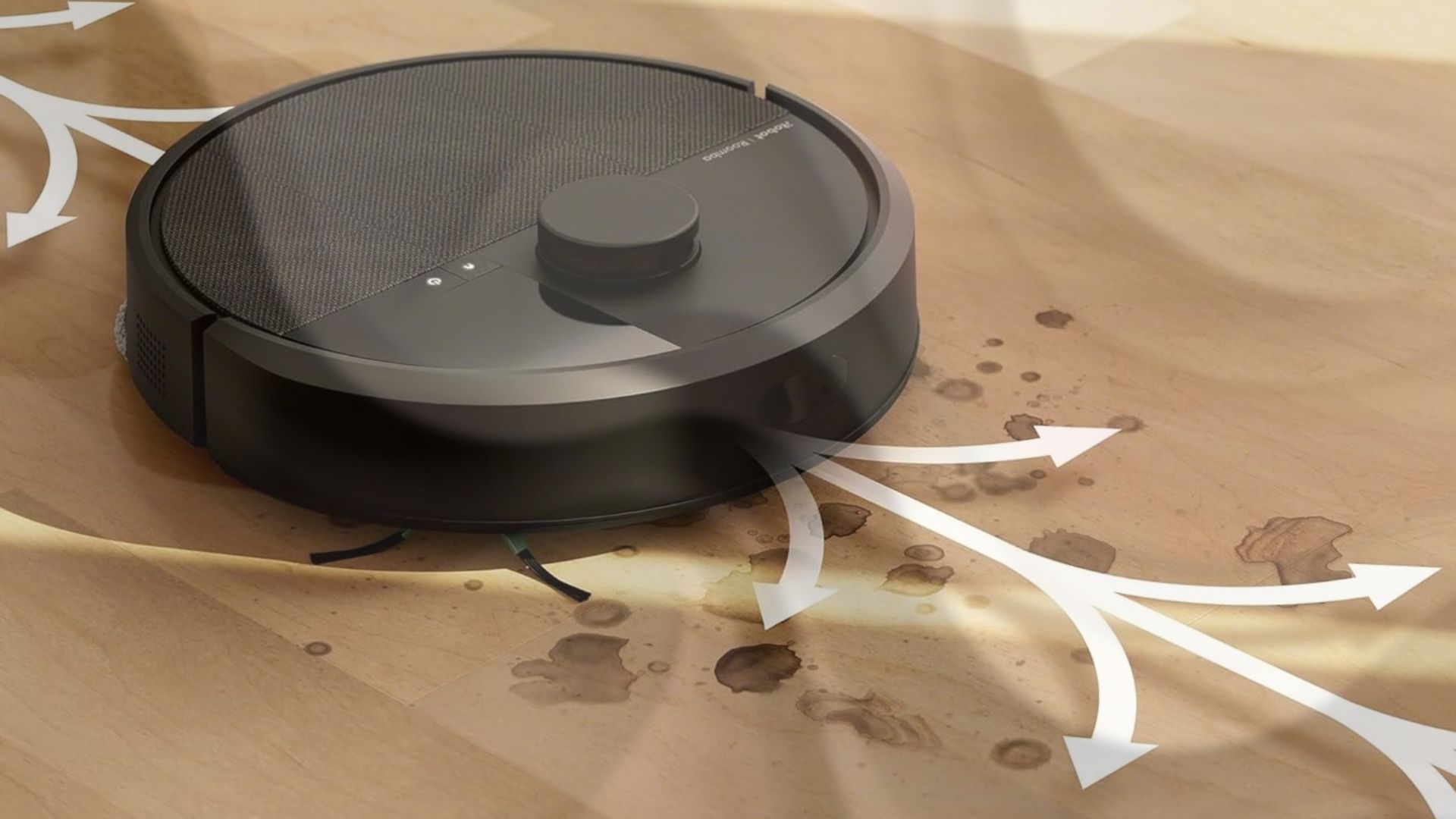 Top-down view of the Roomba Plus 405 showing the LiDAR navigation turret and the cleaning pad.