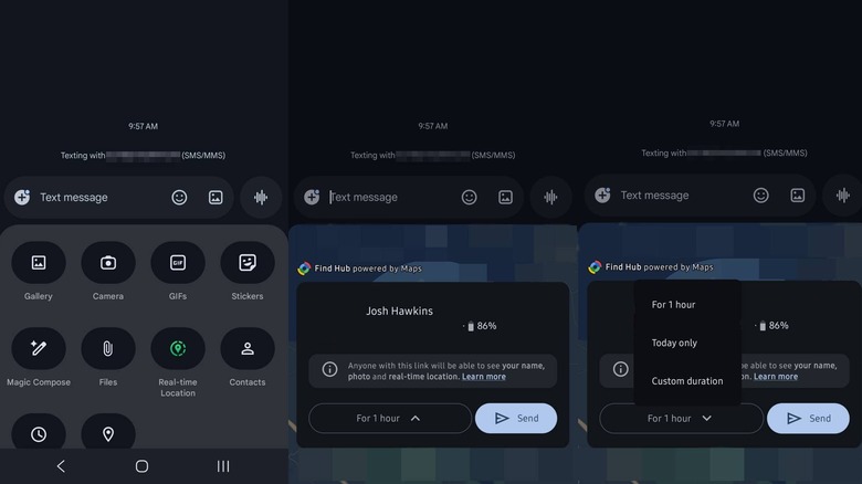 A detailed breakdown of the real-time location sharing UI in Google Messages showing the map and duration options.