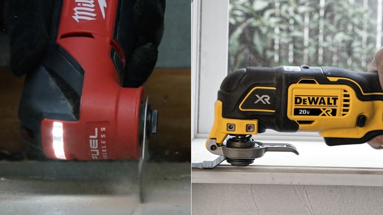 Side-by-side comparison of the Milwaukee M18 Fuel and DeWalt XR multi-tools on a job site.