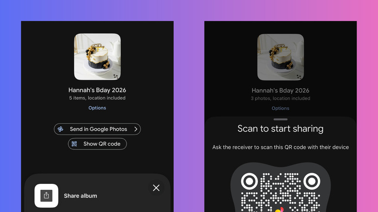 Google Photos generating a QR code on a mobile device for instant album sharing.