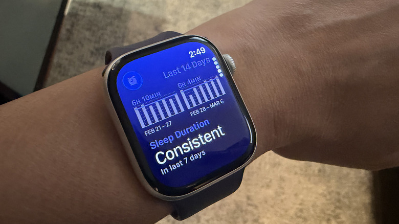 Close-up of an Apple Watch screen showing a consistent bar chart of sleep duration across several days.