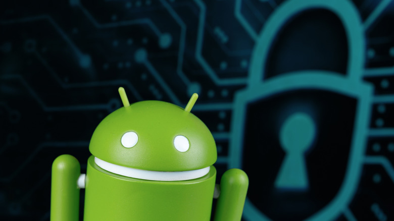 A 3D Android robot figure standing next to a large blue padlock symbol.