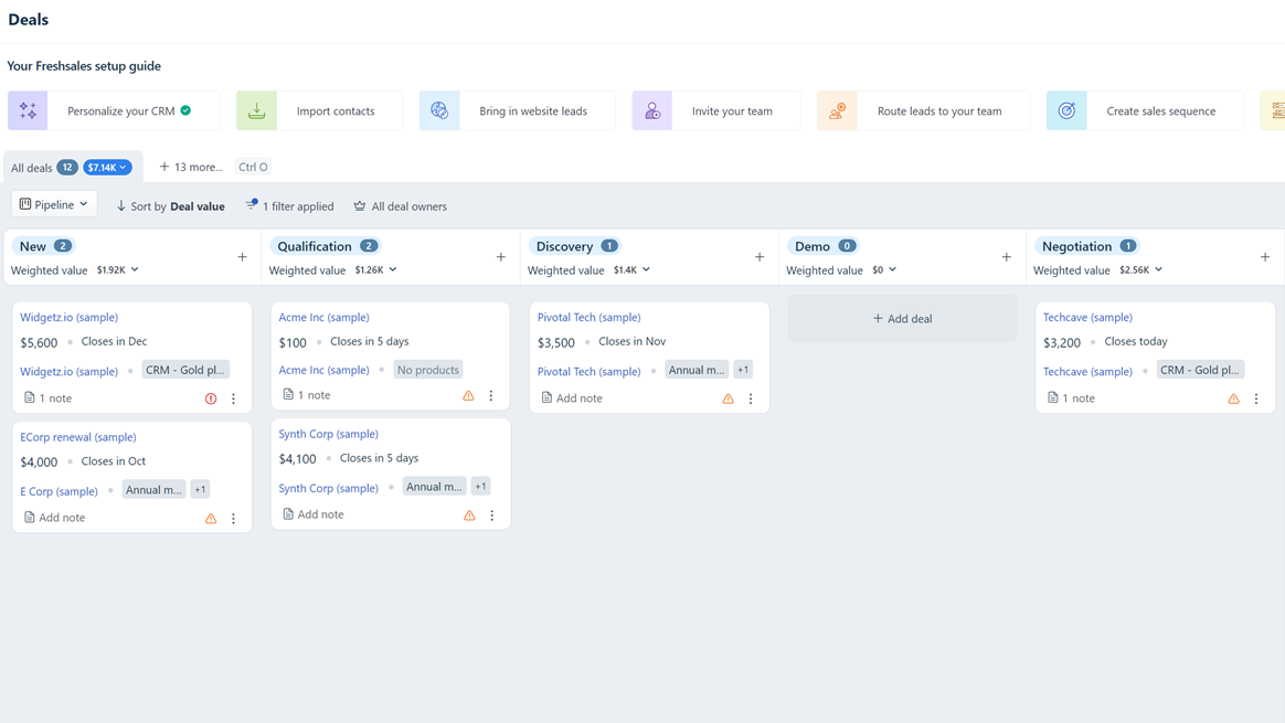 A visual Kanban board within Freshsales showing deal stages and progress.